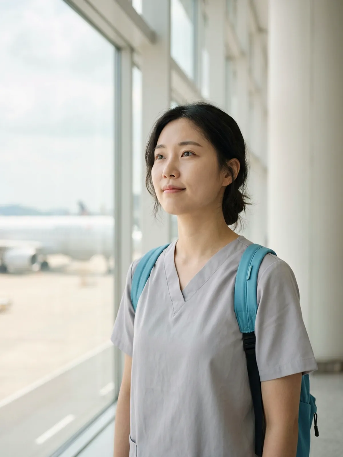 공항 창가에 선 간호사